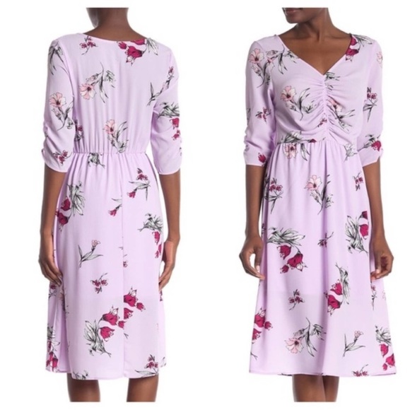 BOBEAU Lavender Floral Ruched Long Sleeve Dress - Picture 2 of 14